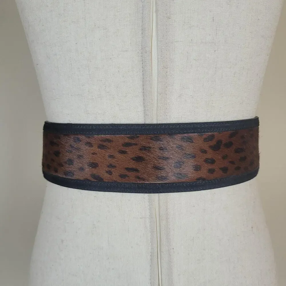 Vintage Echo Belt Medium Brown Leather Wide Leopard Print Waist Statement